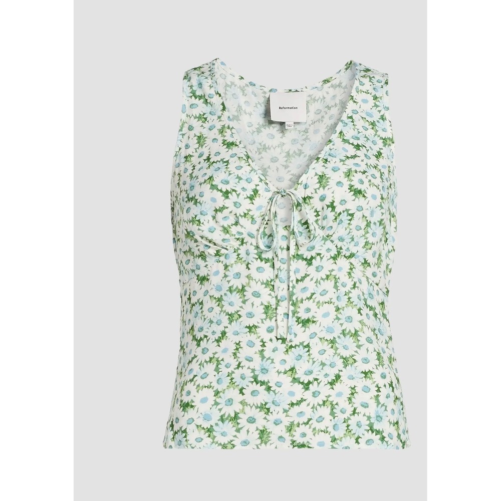 Reformation Daisy Meadow Tie Front V-Neck Sleeveless Floral Top Green Blue 0